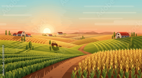 Tableau sur toile Pixel Art Farm Landscape at Sunrise: Rolling Hills, Tractor, Crops, and Houses