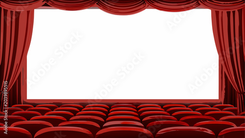 Empty movie theater with red velvet curtains Vector
