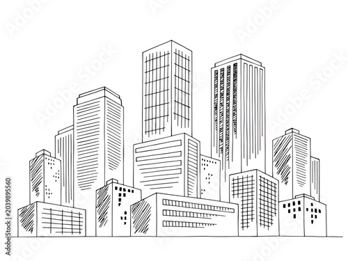 Cityscape Skyline Sketch, Hand-drawn Modern Skyscrapers and Urban Buildings, Architectural Drawing