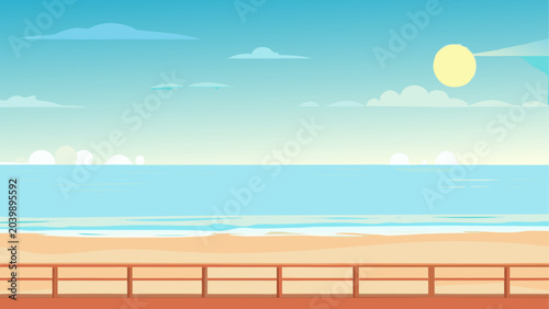 Sunny beach view with wooden fence Vector