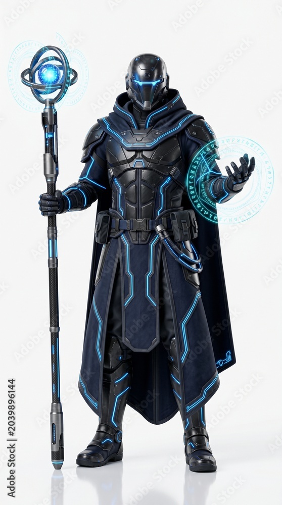 Obraz premium Digital technomancer android wearing black visor helmet and robes projecting virtual hologram data from illuminated orb staff