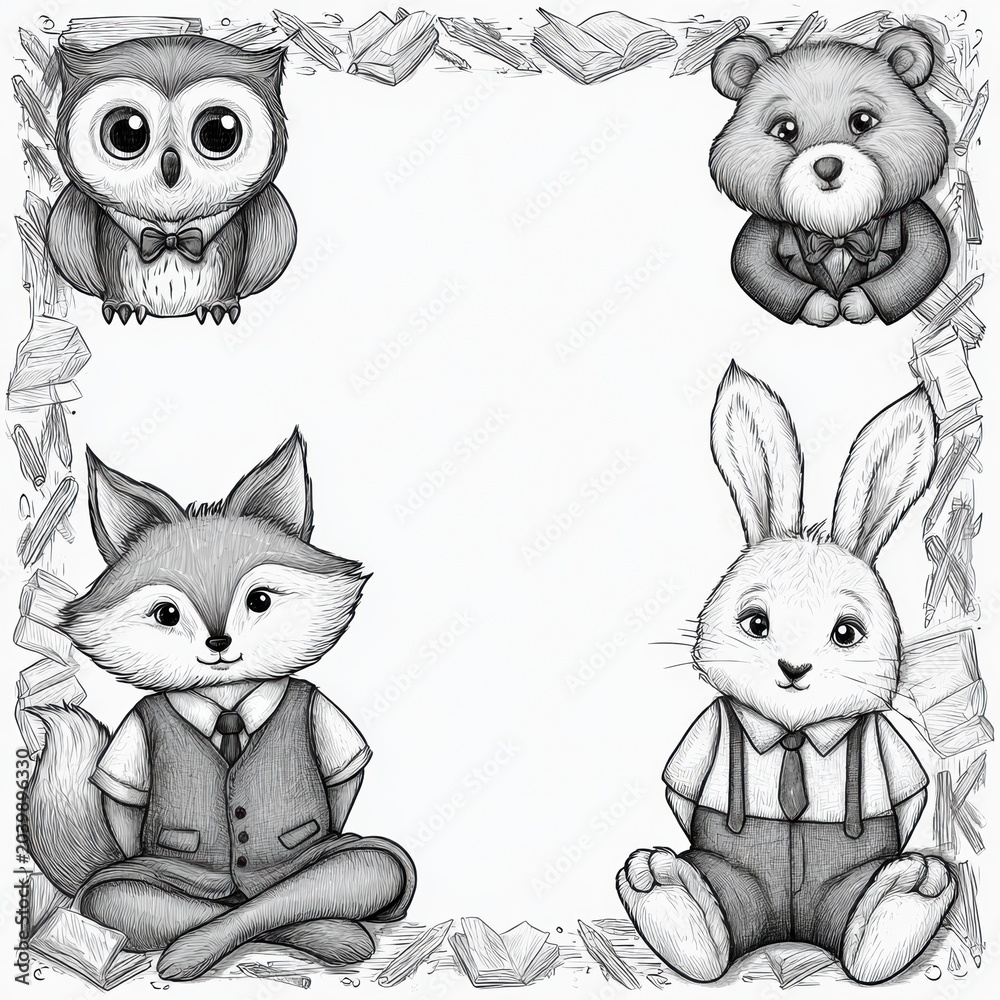 Fototapeta premium Four animal characters in school uniforms sit in corners of a frame with doodles of books and pencils surrounding a blank space for notes or drawings.