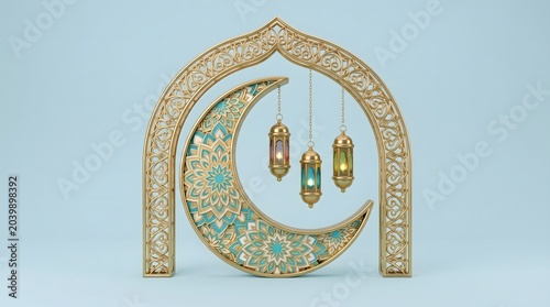 Decorative golden crescent moon with hanging Islamic lanterns, perfect for Ramadan and Eid celebrations, set against a light blue backdrop