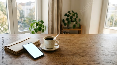 mobile bill payment and recurring subscription management with smartphone coffee and household correspondence for modern personal finance planning