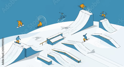 Bild auf Leinwand Snowboarders performing tricks on a snowy slope.