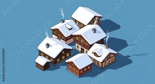 Fotografía Snowy village houses with smoke rising.