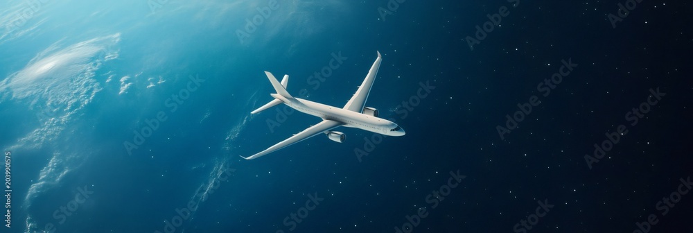 Obraz premium Passenger airliner flying high above earth, showcasing the beauty of our planet from a unique perspective, blending air travel with the vastness of space