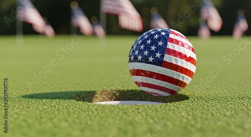American flag golf ball on green course hole in one concept with usa flags background