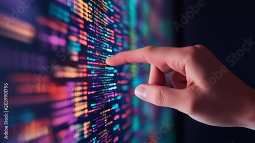Programmer pointing at vibrant lines of code on a computer screen while working late in the office, focused on developing innovative software solutions and troubleshooting issues