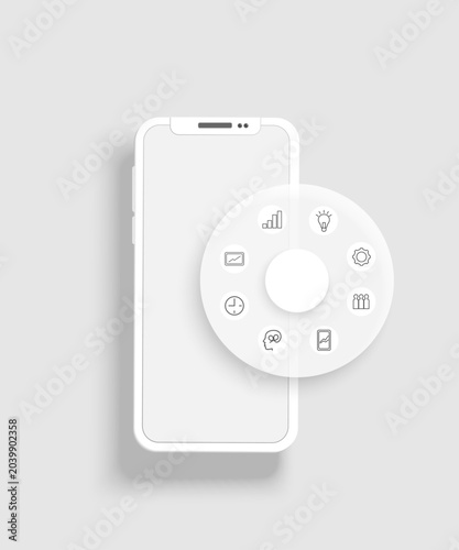 White smartphone mockup with circular menu above smartphone screen. Smartphone app template with infographics.