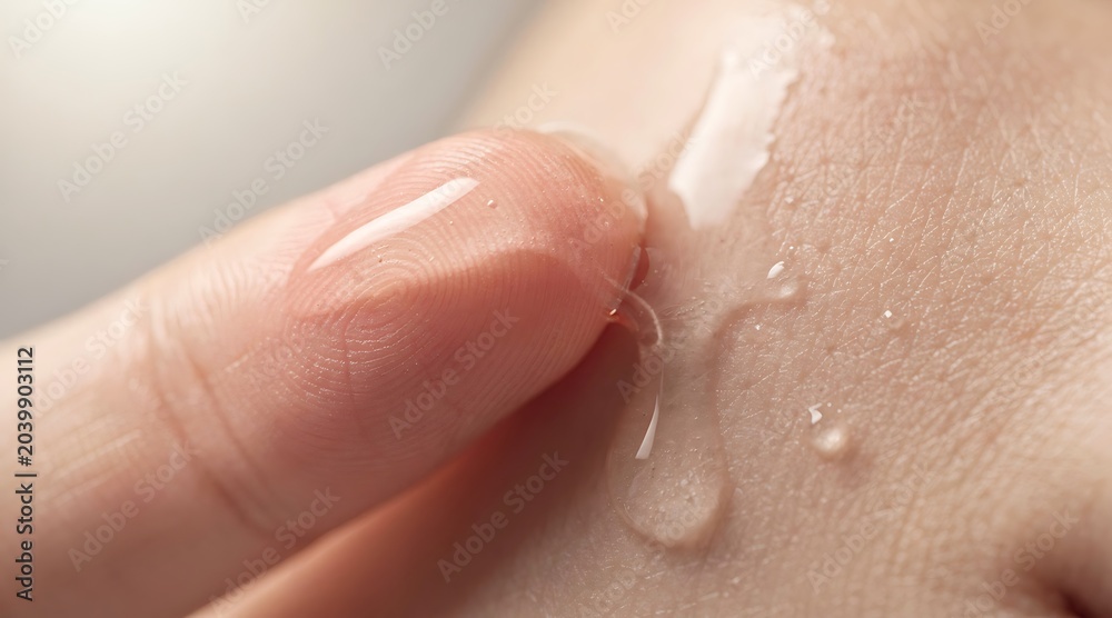 Fototapeta premium Close-up of a finger applying a clear liquid or gel to skin, showing moisture and texture.