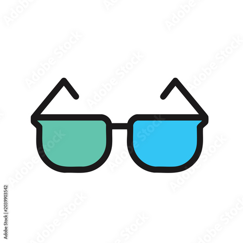 Minimalist icon of 3D cinema glasses with green and blue lenses.