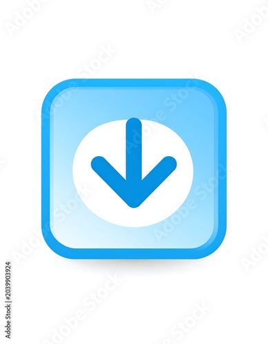 Simple, bright, blue square icon depicting a downward-pointing arrow within a white oval, set against a clean white background