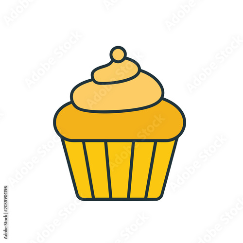 A simple flat vector illustration of a yellow cupcake with frosting.