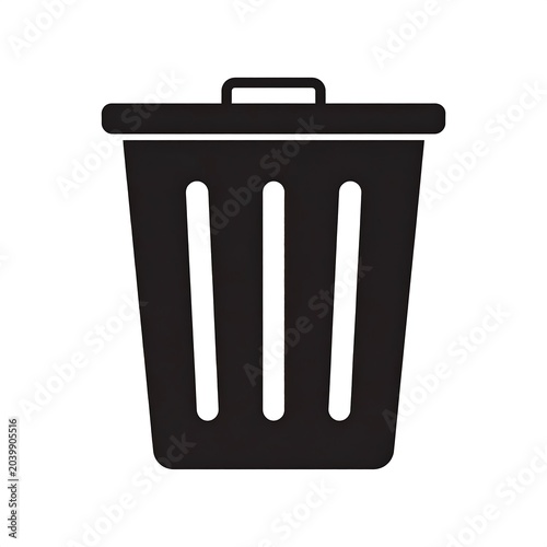 Simple illustration of a garbage bin in solid black, with a lid and vertical lines representing its structure