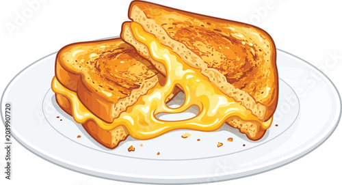 Cuadro en lienzo Gooey melted cheese sandwich cut in half on a white plate with grilled cheese sa