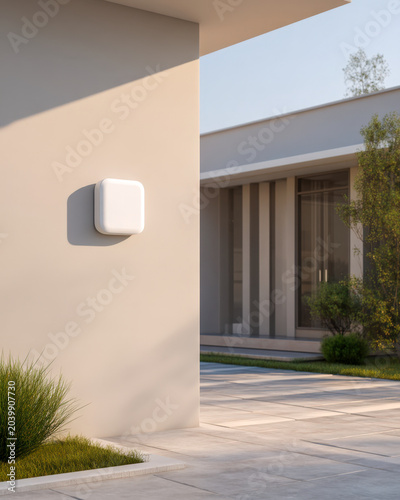 White Smart Outdoor Sensor on Modern House Wall in Sunlit Garden