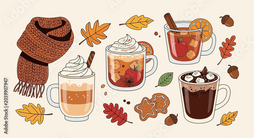 Cozy Autumn Drinks and Treats with Scarf and Fall Leaves Illustration