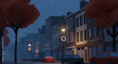 Stylized European street scene at dusk with cars and illuminated buildings.