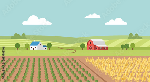 Rural landscape with farm fields, barn, and house. Agriculture and countryside scene.