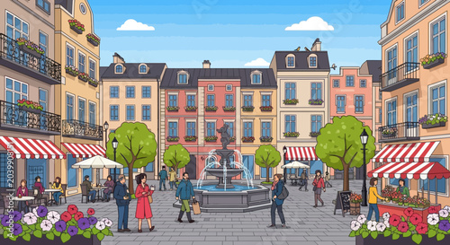 Pixel Art European Town Square with Fountain and People