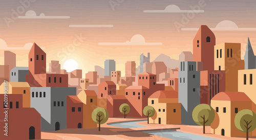 Stylized cityscape at sunset with warm colors, river, and distant mountains.
