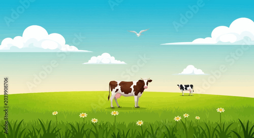 фотографія Idyllic Meadow Scene with Cows Grazing Under a Blue Sky with Clouds