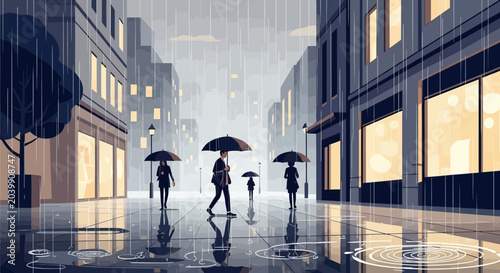 Fotografía People with umbrellas walking on a wet city street during a rainy day, reflections on pavement