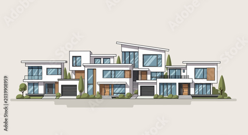 Fotografie Modern White Houses Row, Minimalist Architecture, Geometric Design, Suburban Str