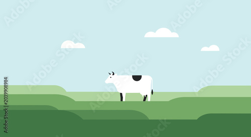 Принти на полотні Stylized cow grazing in a flat design green landscape with clouds in blue sky