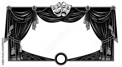 Theatrical stage curtains with comedy and tragedy masks.