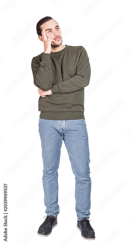 Fototapeta premium Full length pensive man, keeps fingers to temple, thoughtful gesture. Information processing concept, puzzled guy portrait isolated on transparent background