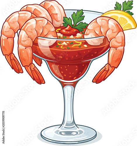 Foto Shrimp cocktail in a margarita glass with lemon and parsley garnish light bite s
