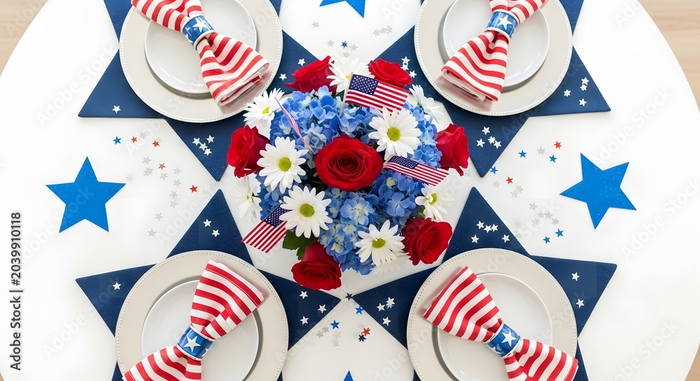 Obraz premium Festive independent day table setting with american flags and patriotic floral centerpiece