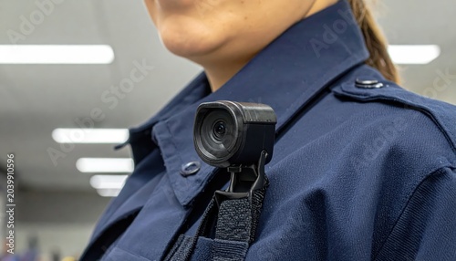 Police officer wearing a dark blue uniform with a small black body camera clipped securely to the front of the vest