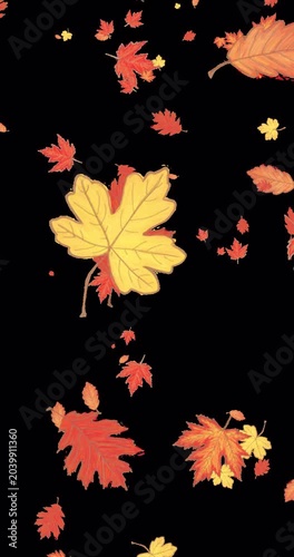 Autumn leaves falling down on brown background, seamless loop. Vertical video with transparent by alpha channel.