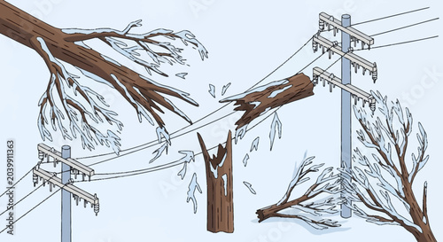 Fotografie Ice storm damage to power lines and trees.