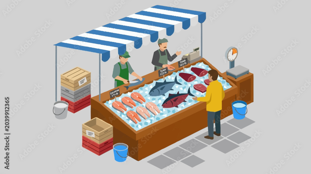 Naklejka premium Isometric illustration of a fish market.