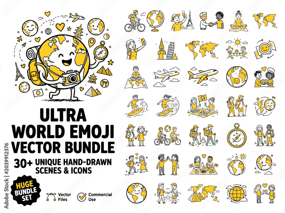 Fototapeta premium Hand-drawn world emoji vector bundle, 30 unique travel scenes and icons, yellow and black doodle globe characters for tourism and vacation