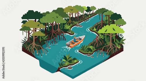 Cuadro en lienzo Illustration of a serene mangrove forest ecosystem with a boat.