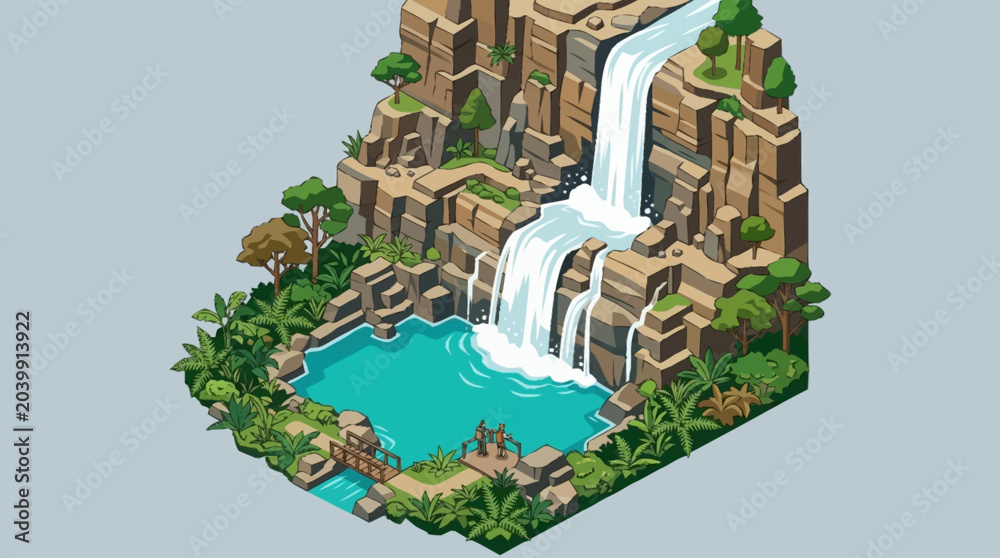 Foto Isometric pixel art waterfall landscape scene.