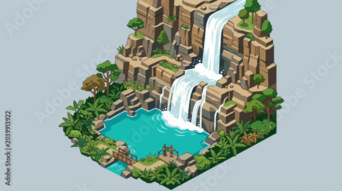 Tableau sur toile Isometric pixel art waterfall landscape scene.