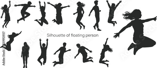 Foto Group of Black Silhouettes of People Jumping and Floating in Various Dynamic Pos