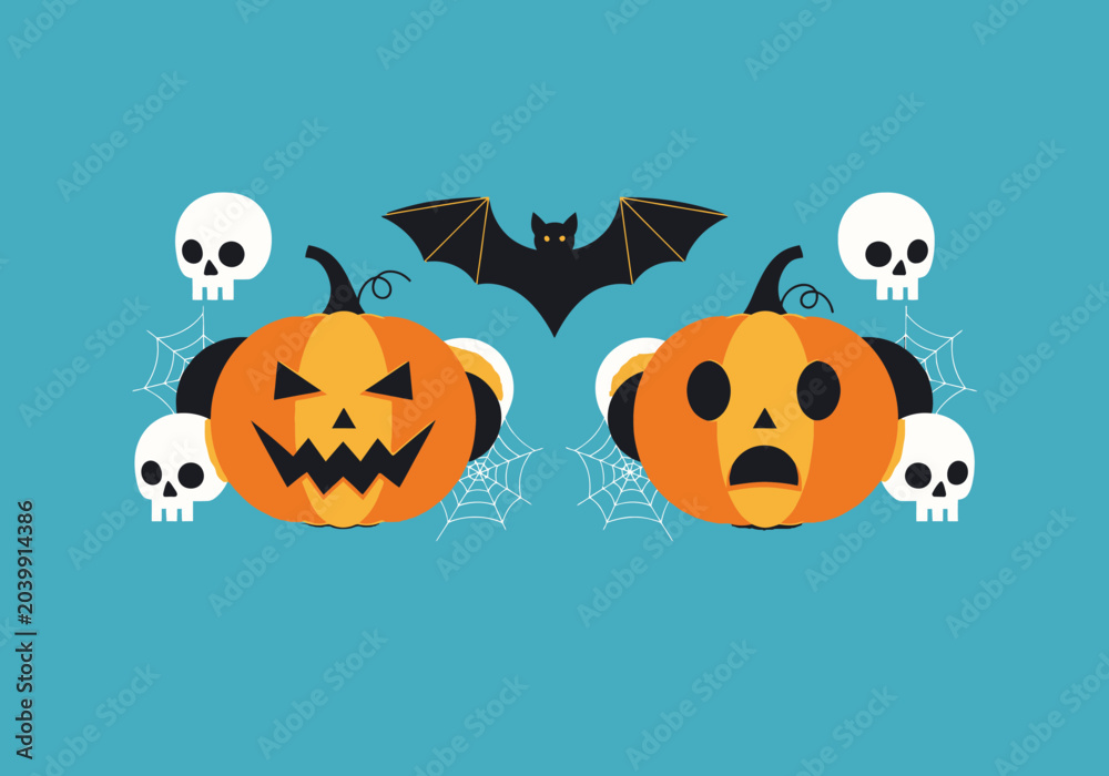 Fototapeta premium Halloween Flat Vector Illustration Featuring Scary and Surprised Jack-o'-Lantern Pumpkins, Flying Bat, Skulls, and Spiderwebs on a Solid Blue Background