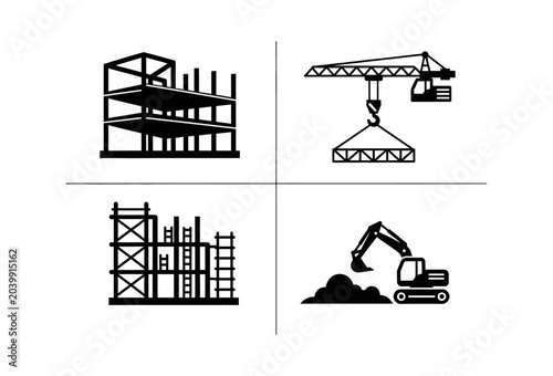 Conceptual vector icons illustrating core construction elements building structures, cranes, scaffolding, and excavators. Ideal for industrial development and urban planning themes