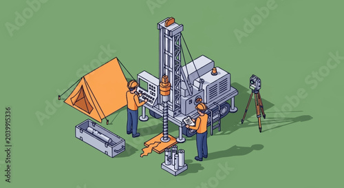Photos Workers operating industrial drilling equipment outdoors.