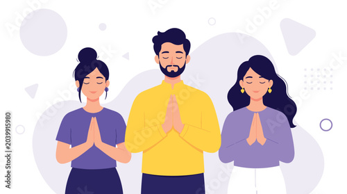 Three Individuals Practicing Prayer Gesture of Gratitude in Minimalist Geometric Background