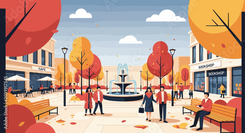 Obraz na plátně Autumnal Town Square Scene with People and Colorful Trees