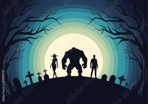 Bild auf Leinwand Mysterious Silhouette Trio with Muscle Monster in Spooky Graveyard under Full Mo