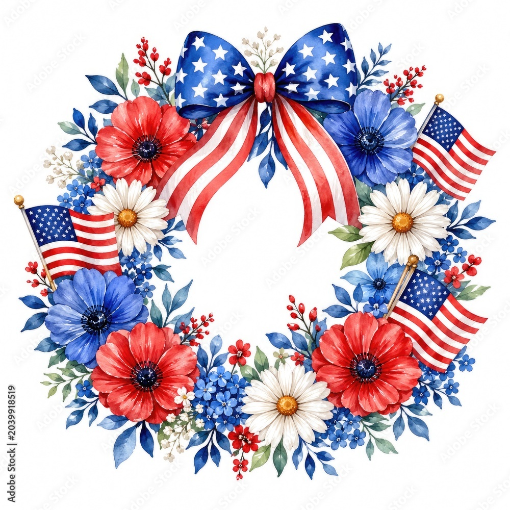 Obraz premium A vibrant floral wreath adorned with red, white, and blue flowers and flags, perfect for patriotic celebrations.